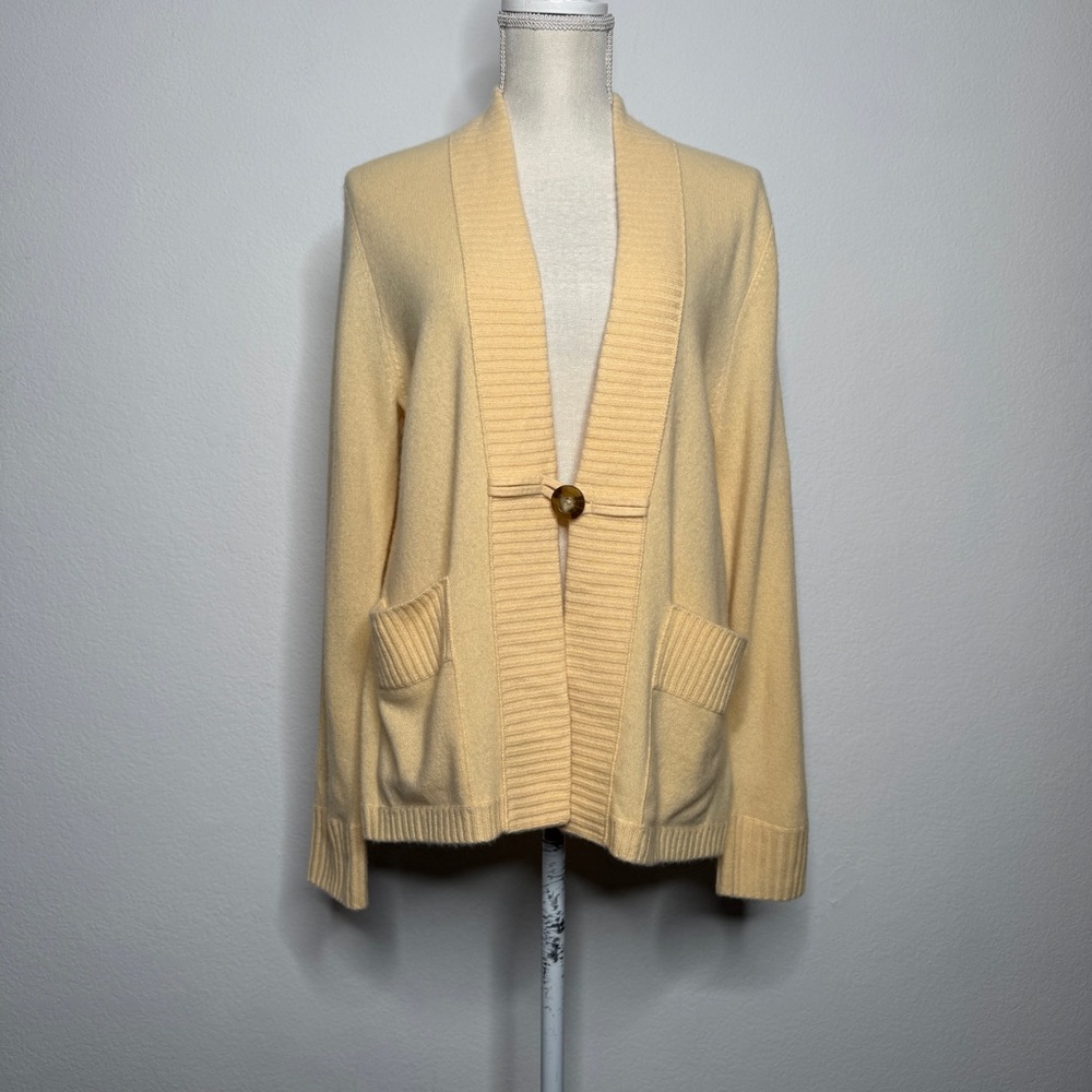 Neiman Marcus Cashmere Cardigan Butter Yellow Cream Ribbed Collar Size M